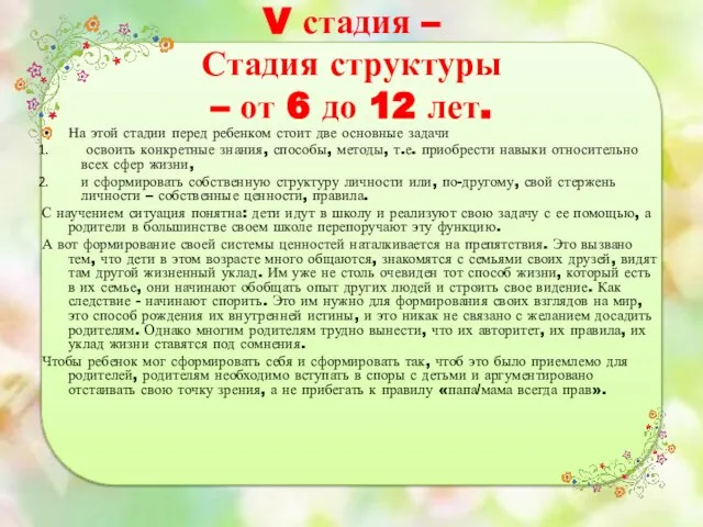 V стадия – Стадия структуры – от 6 до 12 лет.