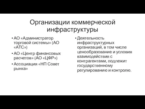 Организации коммерческой инфраструктуры АО «Администратор торговой системы» (АО «АТС») АО «Центр