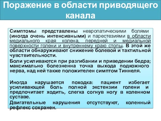 Поражение в области приводящего канала Симптомы представлены невропатическими болями (иногда очень