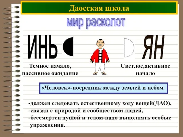 Даосская школа мир расколот -должен следовать естественному ходу вещей(ДАО), -связан с