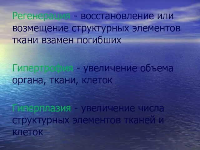 Регенерация - восстановление или возмещение структурных элементов ткани взамен погибших Гипертрофия