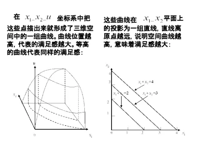 在 这些曲线在 这些点描出来就形成了三维空间中的一组曲线。曲线位置越高，代表的满足感越大。等高的曲线代表同样的满足感： 平面上 的投影为一组直线，直线离原点越远，说明空间曲线越高，意味着满足感越大： 坐标系中把