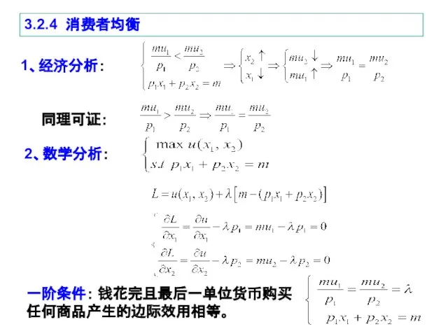 3.2.4 消费者均衡 2、数学分析： 1、经济分析： 同理可证： 一阶条件： 钱花完且最后一单位货币购买任何商品产生的边际效用相等。