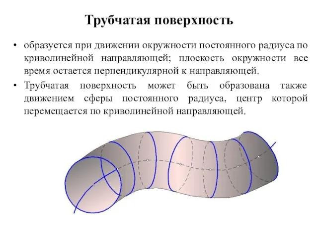Трубчатая поверхность образуется при движении окружности постоянного радиуса по криволинейной направляющей;