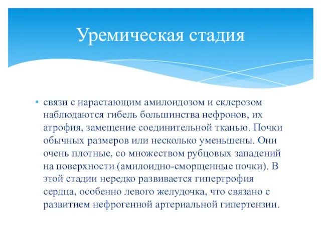 связи с нарастающим амилоидозом и склерозом наблюдаются гибель большинства нефронов, их