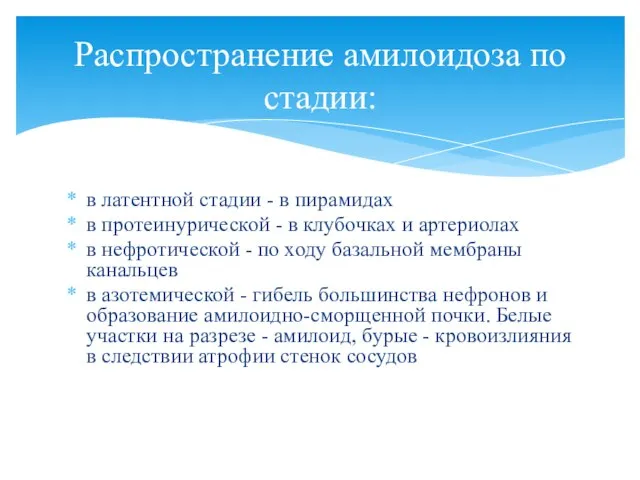 в латентной стадии - в пирамидах в протеинурической - в клубочках