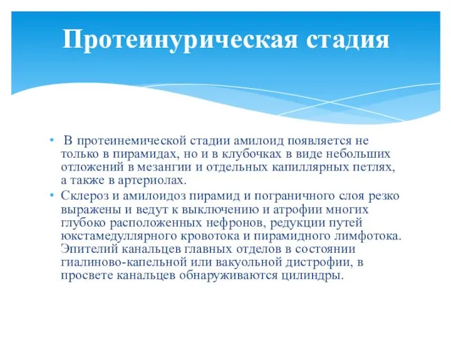 В протеинемической стадии амилоид появляется не только в пирамидах, но и