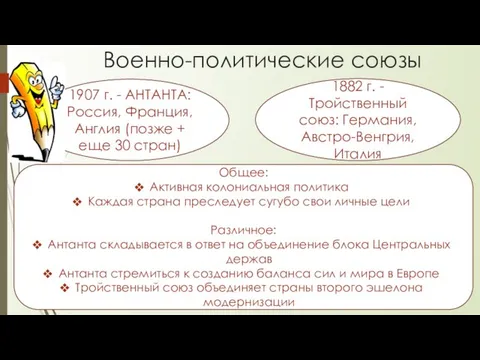 Военно-политические союзы 1907 г. - АНТАНТА: Россия, Франция, Англия (позже +