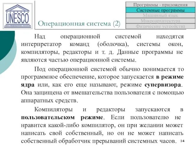 Операционная система (2) Над операционной системой находятся интерпретатор команд (оболочка), системы