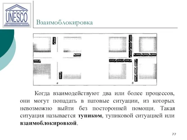 Взаимоблокировка Когда взаимодействуют два или более процессов, они могут попадать в