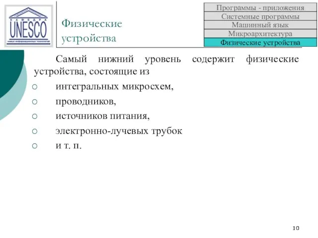 Физические устройства Самый нижний уровень содержит физические устройства, состоящие из интегральных