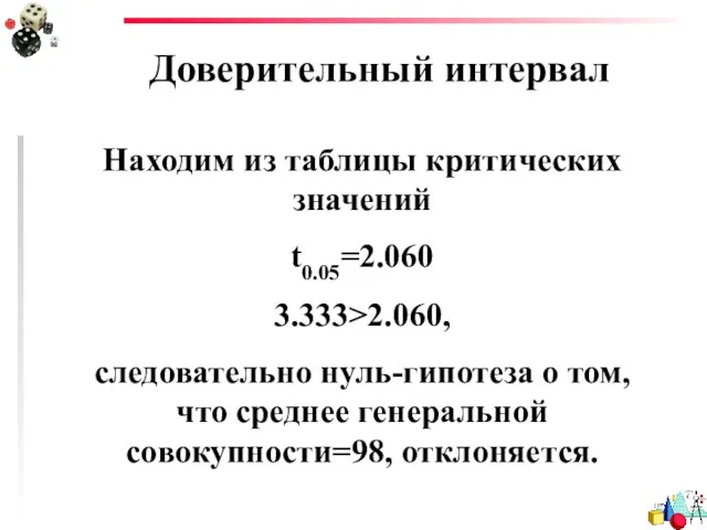 Доверительный интервал Находим из таблицы критических значений t0.05=2.060 3.333>2.060, следовательно нуль-гипотеза