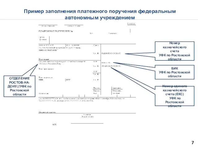 Пример заполнения платежного поручения федеральным автономным учреждением 7 БИК УФК по