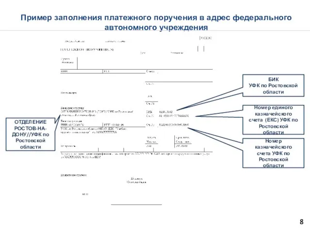 Пример заполнения платежного поручения в адрес федерального автономного учреждения 8 БИК