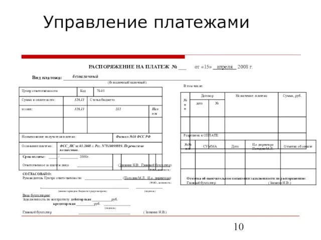 Управление платежами РАСПОРЯЖЕНИЕ НА ПЛАТЕЖ № ___ от «15» апреля 2008