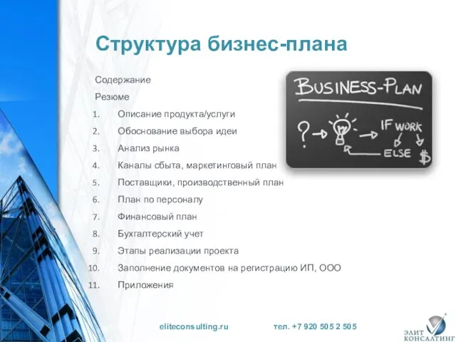 Структура бизнес-плана Содержание Резюме Описание продукта/услуги Обоснование выбора идеи Анализ рынка