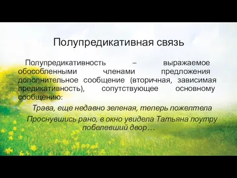 Полупредикативная связь Полупредикативность – выражаемое обособленными членами предложения дополнительное сообщение (вторичная,