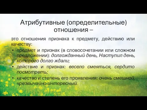 Атрибутивные (определительные) отношения – это отношения признака к предмету, действию или