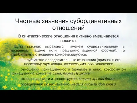 Частные значения субординативных отношений В синтаксические отношения активно вмешивается лексика. Если