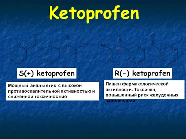 Ketoprofen R(-) ketoprofen S(+) ketoprofen Лишен фармакологической активности. Токсичен, повышенный риск