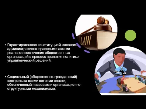 Гарантированное конституцией, законами, административно-правовыми актами реальное вовлечение общественных организаций в процесс