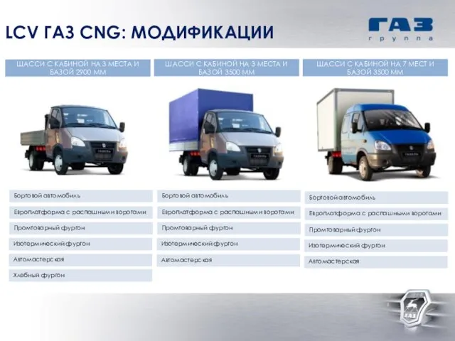 LCV ГАЗ CNG: МОДИФИКАЦИИ ШАССИ С КАБИНОЙ НА 3 МЕСТА И