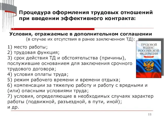 Процедура оформления трудовых отношений при введении эффективного контракта: 1) место работы;