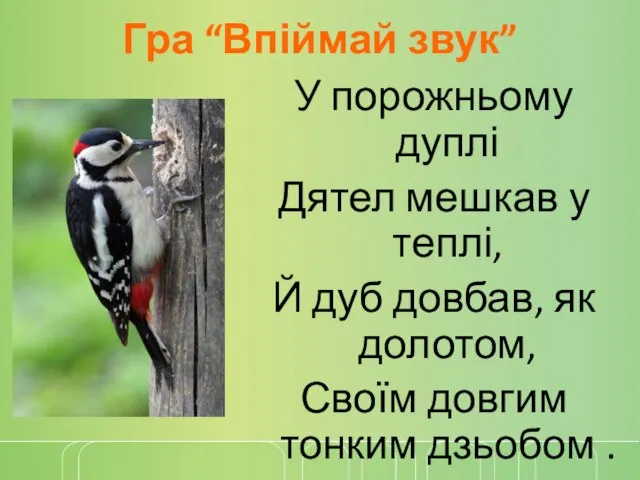 Гра “Впіймай звук” У порожньому дуплі Дятел мешкав у теплі, Й