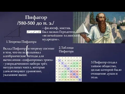 Пифагор /580-500 до н. э./ 1.Теорема Пифагора Вклад Пифагора в теорему