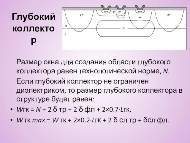 Глубокий коллектор Размер окна для создания области глубокого коллектора равен технологической