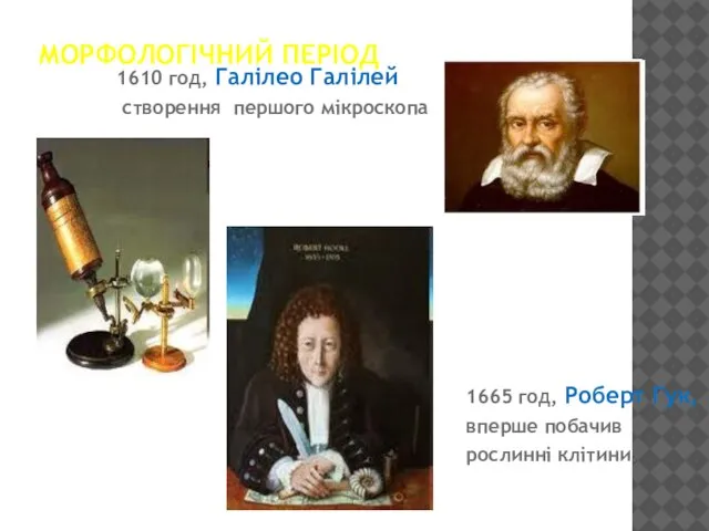 МОРФОЛОГІЧНИЙ ПЕРІОД 1610 год, Галілео Галілей створення першого мікроскопа 1665 год,