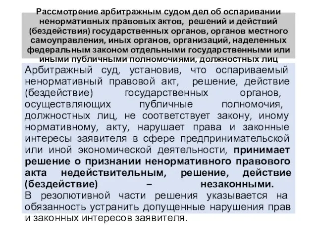 Рассмотрение арбитражным судом дел об оспаривании ненормативных правовых актов, решений и