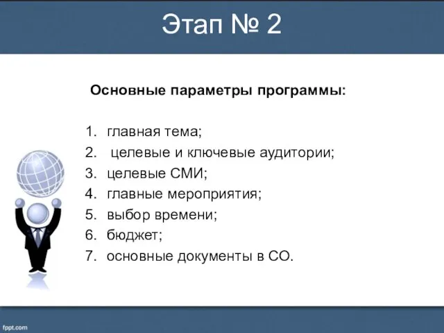 Основные параметры программы: главная тема; целевые и ключевые аудитории; целевые СМИ;