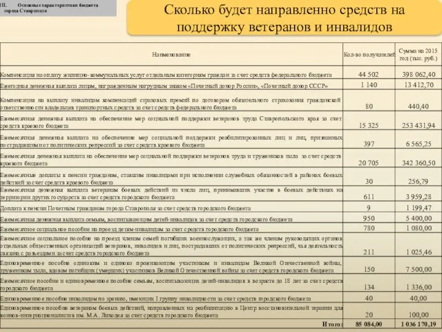 Основные характеристики бюджета города Ставрополя Сколько будет направленно средств на поддержку ветеранов и инвалидов