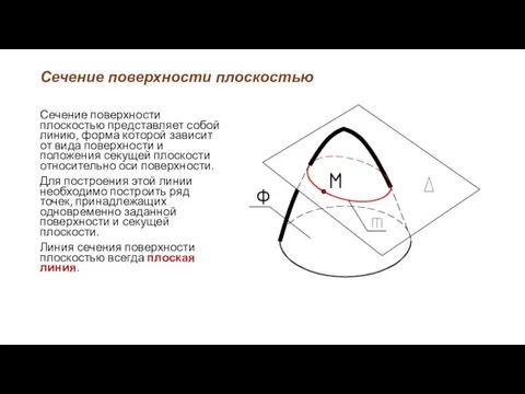 Сечение поверхности плоскостью Сечение поверхности плоскостью представляет собой линию, форма которой