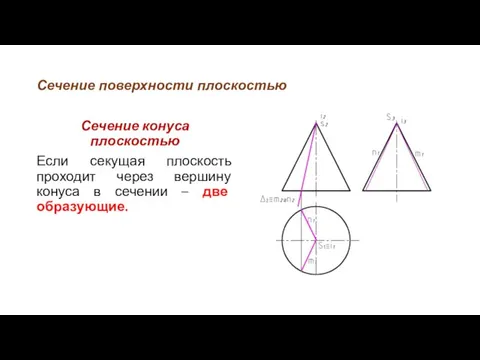 Сечение поверхности плоскостью Сечение конуса плоскостью Если секущая плоскость проходит через