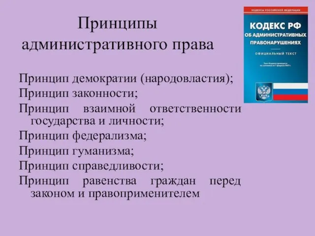 Принципы административного права Принцип демократии (народовластия); Принцип законности; Принцип взаимной ответственности