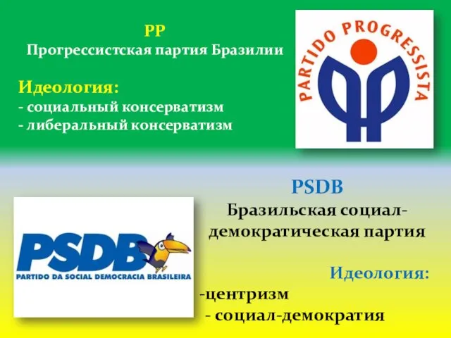 PP Прогрессистская партия Бразилии Идеология: - социальный консерватизм - либеральный консерватизм