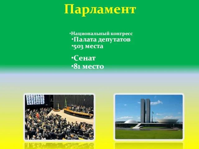 Парламент Национальный конгресс Палата депутатов 503 места Сенат 81 место