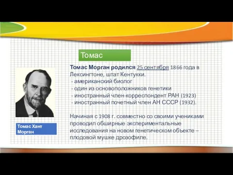 Томас Морган Томас Хант Морган (1866-1945) Томас Морган родился 25 сентября