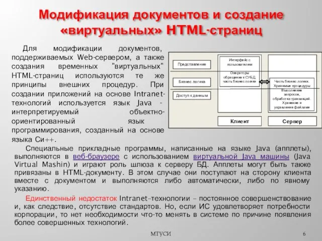 Модификация документов и создание «виртуальных» HTML-страниц МТУСИ Специальные прикладные программы, написанные