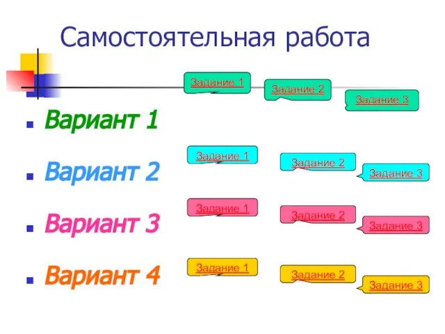 Самостоятельная работа Вариант 1 Вариант 2 Вариант 3 Вариант 4 Задание