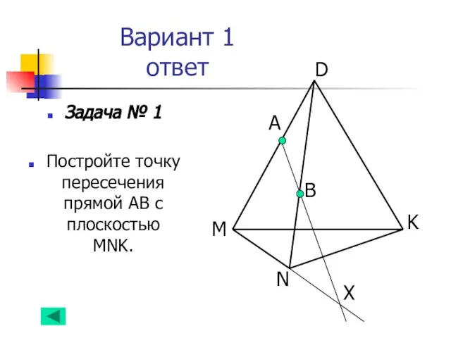 Вариант 1 ответ Задача № 1 Постройте точку пересечения прямой АВ