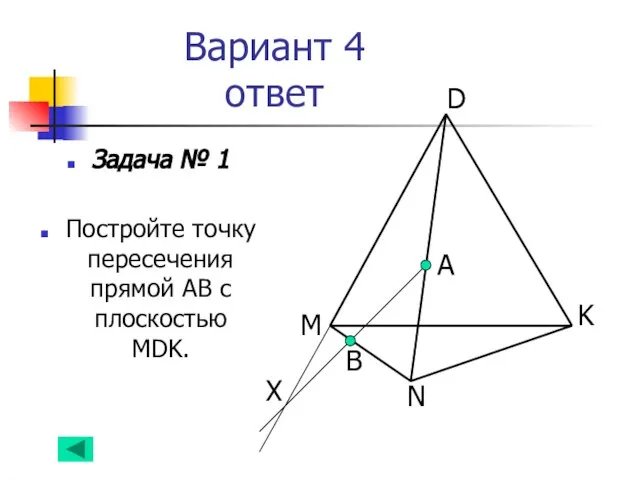 Вариант 4 ответ Задача № 1 Постройте точку пересечения прямой АВ