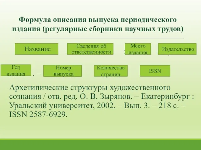 Формула описания выпуска периодического издания (регулярные сборники научных трудов) / .