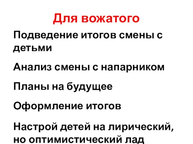 Для вожатого Подведение итогов смены с детьми Анализ смены с напарником