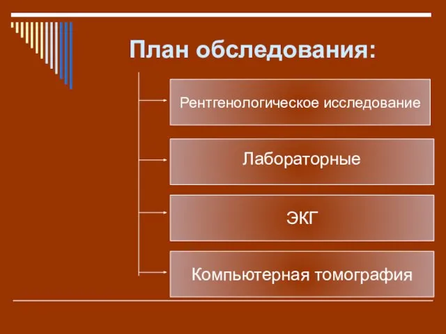 План обследования: Рентгенологическое исследование Лабораторные ЭКГ Компьютерная томография