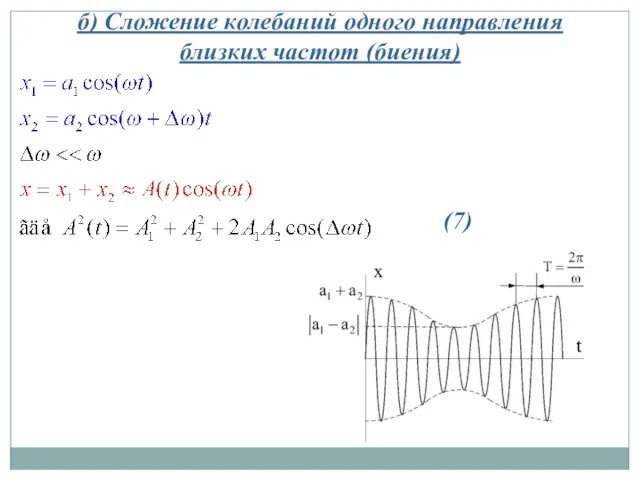 б) Сложение колебаний одного направления близких частот (биения) (7)