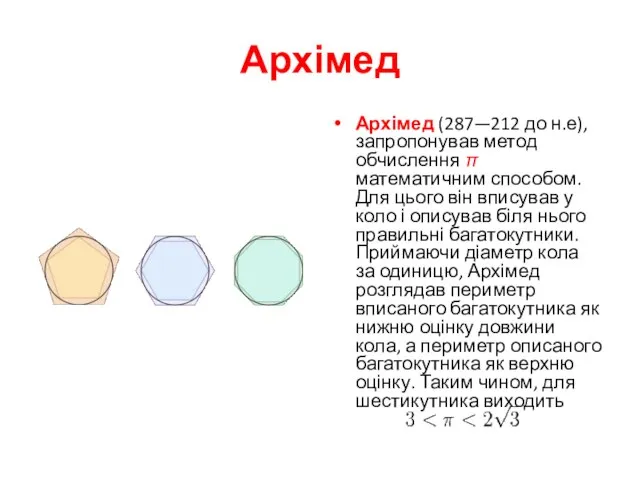 Архімед Архімед (287—212 до н.е), запропонував метод обчислення π математичним способом.