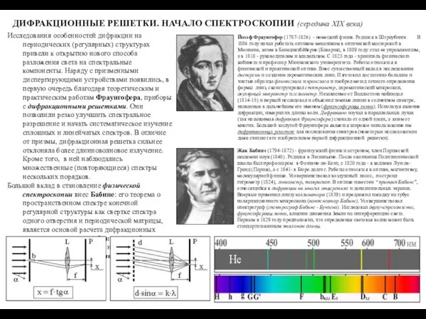 ДИФРАКЦИОННЫЕ РЕШЕТКИ. НАЧАЛО СПЕКТРОСКОПИИ (середина XIX века) Исследования особенностей дифракции на